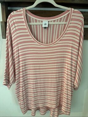 CAbi Tickled Pink Cream and Pink Striped Scoop Neck 3/4 Short Sleeve Top